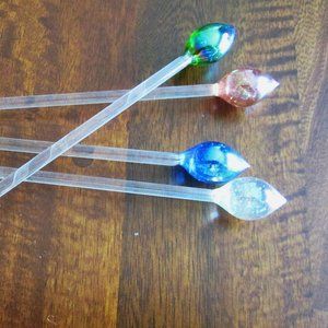 Lot of 4 Clear & Colorful Iridescent Glass Cocktail Stirrers Swizzle Sticks
